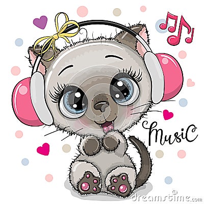 Cartoon Cat girl with headphones on a white background Vector Illustration