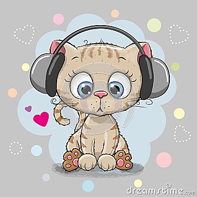 Cute cartoon Kitten with headphones Vector Illustration