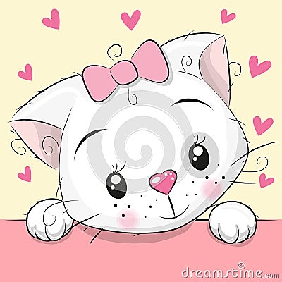 Cute Cartoon Kitten with hearts Vector Illustration