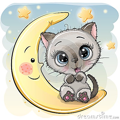 Cartoon Kitten is sitting on the moon Vector Illustration