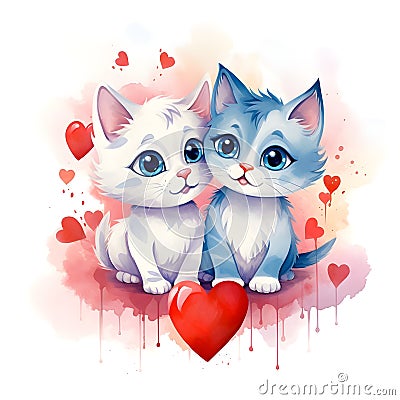 Cute cartoon kittens with heart on watercolor background. Valentines day illustration. Greeting card Cartoon Illustration