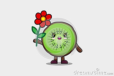 Cute cartoon Kiwi fruit character hold red flower Vector Illustration