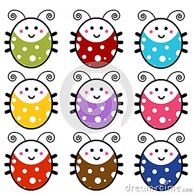 Cute Cartoon Ladybug Set Vector Illustration