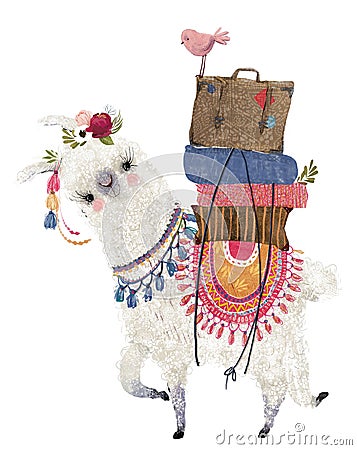 Cute cartoon lama with bird and bags Stock Photo