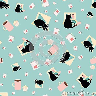 Cute cartoon laptop and cat vector seamless pattern background. Black feline, coffee break in business office. Hand Vector Illustration