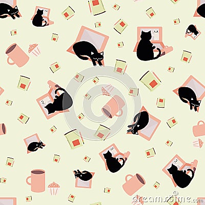 Cute cartoon laptop and cat vector seamless pattern background. Black feline, note book and coffee cups mint green Vector Illustration