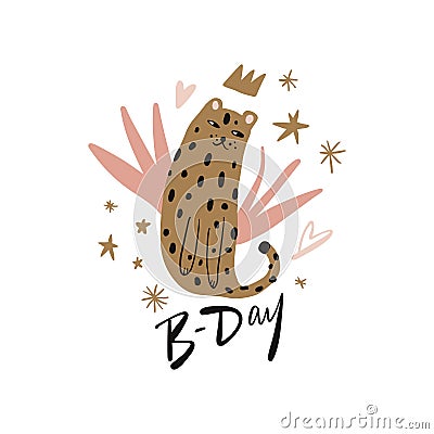 Cute cartoon leopard flat style hand drawn nursery clipart. Little princess Bday. Jungle forest, savannah animal. African predator Stock Photo