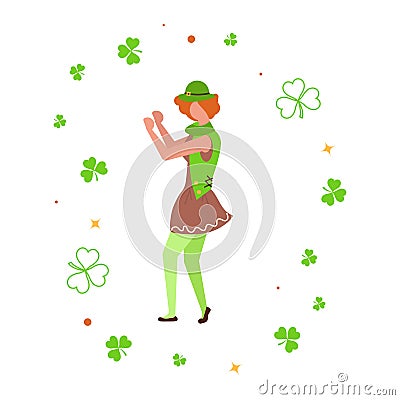 Cute cartoon leprechaun dancing amongst shamrock. Vector Illustration