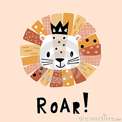 Cute cartoon lion in a crown. Childish print. Vector Illustration