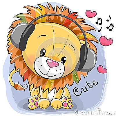 Cute cartoon Lion with headphones and hearts Vector Illustration