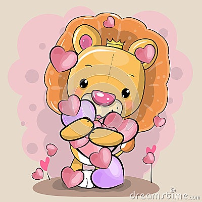 cute cartoon lion with hearts Vector Illustration