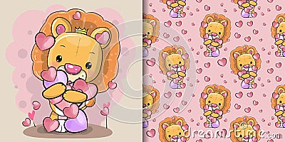 cute cartoon lion with hearts with pattern set Vector Illustration