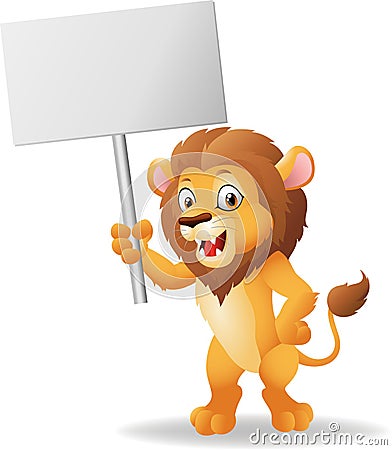 Cute cartoon lion holding blank sign Vector Illustration