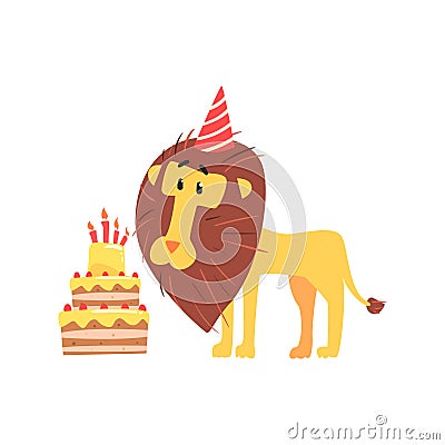 Cute cartoon lion in a party hat and birthday cake. Happy Birthday colorful vector Illustration Vector Illustration