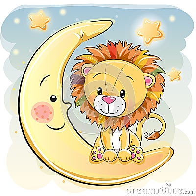 Cute Cartoon lion on the moon Vector Illustration