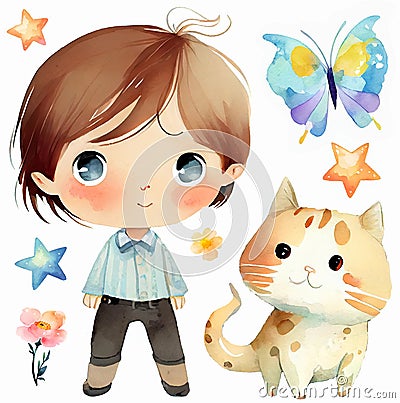 Cute cartoon little anime boy with cat and butterfly. Set of watercolor elements for your design. Generative AI Stock Photo