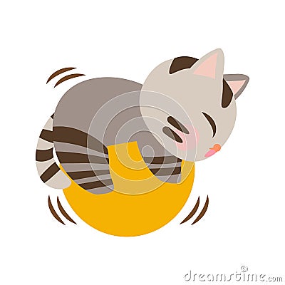 Cute Cartoon Little Baby Cat Icon. Cat playing with ball, yarn and wool. Cat with gray color. Vector Illustration