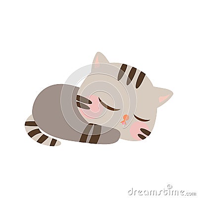 Cute Cartoon Little Baby Cat Icon. Cat sleeping on the floor. Cat with gray color. Vector Illustration