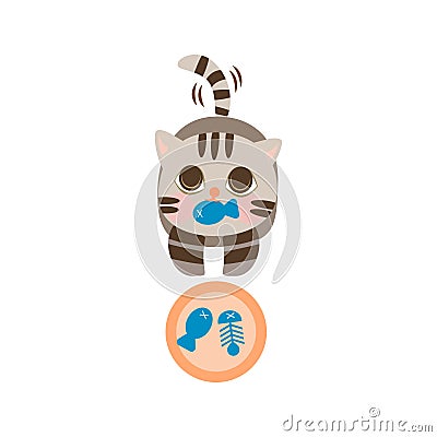 Cute Cartoon Little Baby Cat Icon. Cat standing on the floor. Cat biting and eating fish. Cat with gray color. Vector Illustration