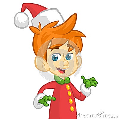 Cute cartoon little boy Santa helper elf stand on white background isolated. Christmas chracter presenting. Vector Illustration