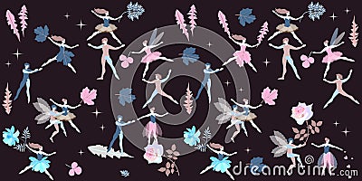 Cute cartoon little dancing fairy and elves with leaves of dandelion, sagebrush, viburnum, rose and cosmos flowers Vector Illustration