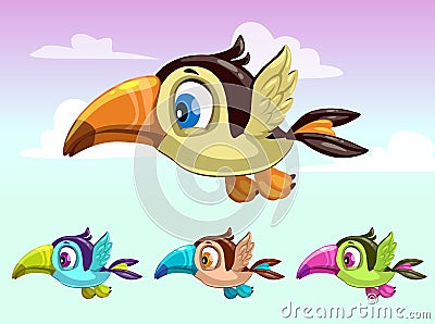 Cute cartoon little flying bird. Toucan ions Vector Illustration