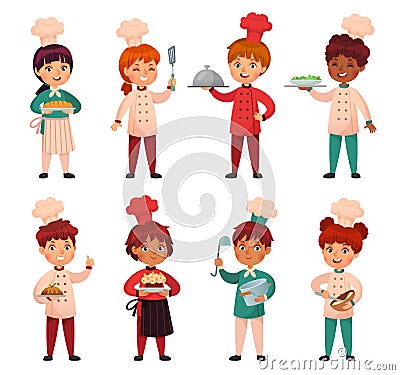 Cute cartoon little kids chefs in cook uniform with hats. Children boys and girls preparing meal, holding dishes, bread, cake and Vector Illustration