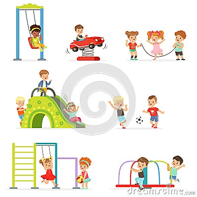 Cute cartoon little kids playing and having fun at the playground set of vector Illustrations Vector Illustration