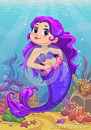 Cute cartoon little mermaid with purple hair Vector Illustration