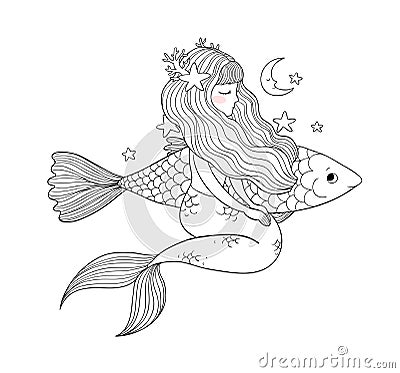 Cute cartoon little mermaid. Siren. Sea theme. Vector Illustration