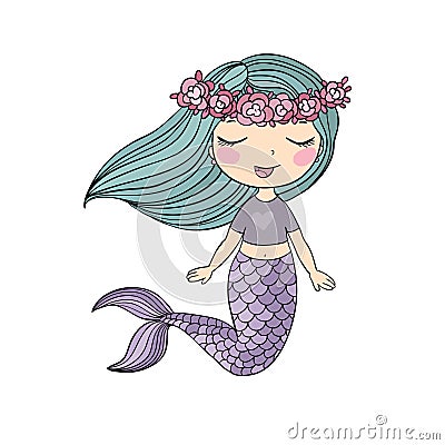 Cute cartoon little mermaid. Siren. Sea theme. Vector Illustration