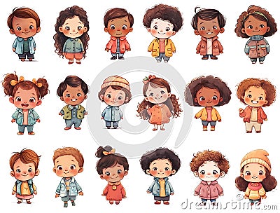 Cute cartoon little multiethnic kids. Children standing full height, preschoolers boys and girls. Happy kids clipart collection Stock Photo