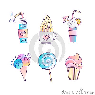 Cute cartoon little princess icon set - sweets sweet ice cream, cake, cocktails, donut and lollipop. Cute girly sweets - Vector Illustration