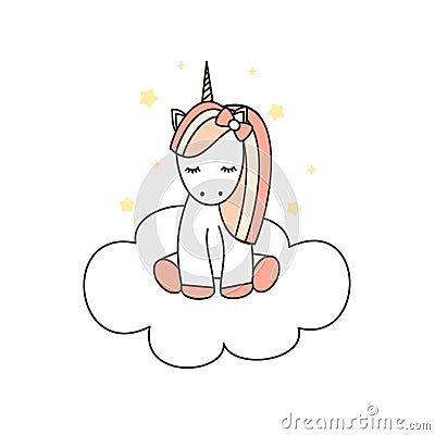 Cute cartoon little unicorn on a cloud illustration Vector Illustration