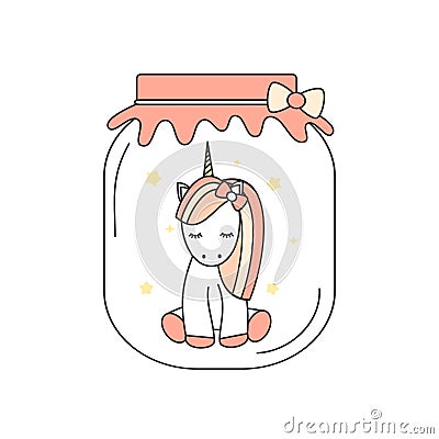 Cute cartoon little unicorn in a jar concept illustration isolated on white background Vector Illustration