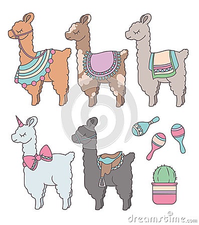 Cute cartoon llamas or alpacas with cactus and peruvian rumba shaker graphic illustration set Vector Illustration