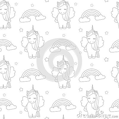 Cute cartoon lovely black and white seamless vector pattern background illustration with unicorns and rainbows Vector Illustration