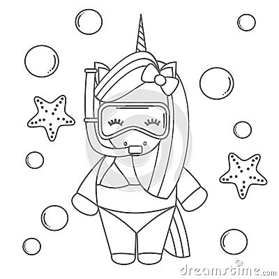 Cute cartoon lovely black and white summer unicorn snorkeling with diving mask in the sea funny vector illustration for coloring a Vector Illustration