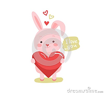 Cute cartoon lovely rabbit with pink large heart Vector Illustration
