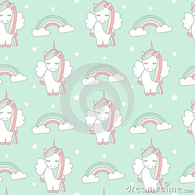 Cute cartoon lovely seamless vector pattern background illustration with unicorns and rainbows Vector Illustration