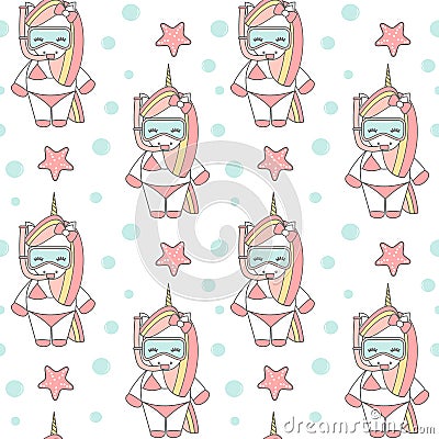 Cute cartoon lovely summer unicorn snorkeling with diving mask in the sea funny seamless vector pattern background illustration Vector Illustration