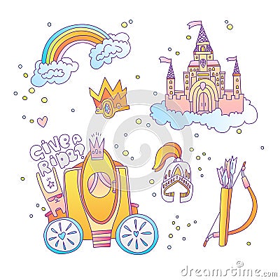 Cute cartoon magic princess icon collection. Icon princess set with princess castle, rainbow, brougham, royal crown and Vector Illustration