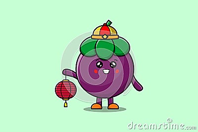 Cute cartoon Mangosteen chinese holding lantern Vector Illustration