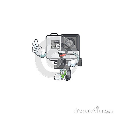 Cute cartoon mascot picture of action camera with two fingers Vector Illustration