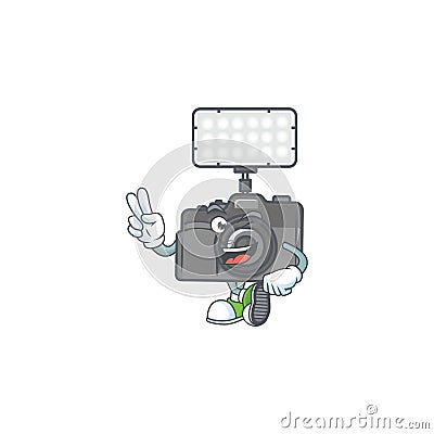 Cute cartoon mascot picture of photo camera with lighting with two fingers Vector Illustration