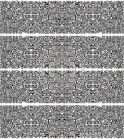 Cute cartoon Mayan glyph pattern seamless symmetrical wallpaper Stock Photo