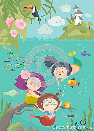 Cute cartoon mermaids with beautiful underwater world Vector Illustration