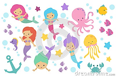 Cute cartoon mermaids, sea animals and ocean life objects vector set Vector Illustration