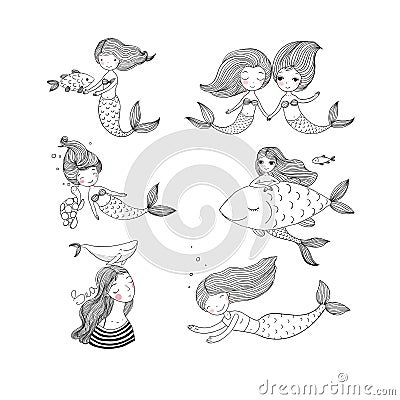 Cute cartoon mermaids. Sirens. Marine theme. Coloring Vector Illustration