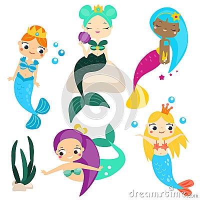 Cute cartoon mermaids set and design elements. Stickers, clip art for girls in kawaii style Vector Illustration